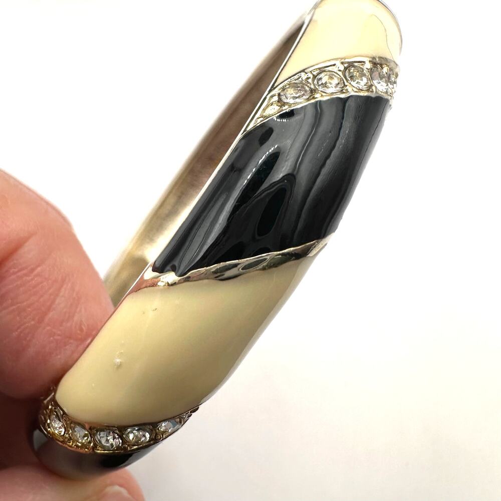 JTF Enamel Hinged Bangle Bracelet Black Bream Stripes Vintage Retro Jewelry